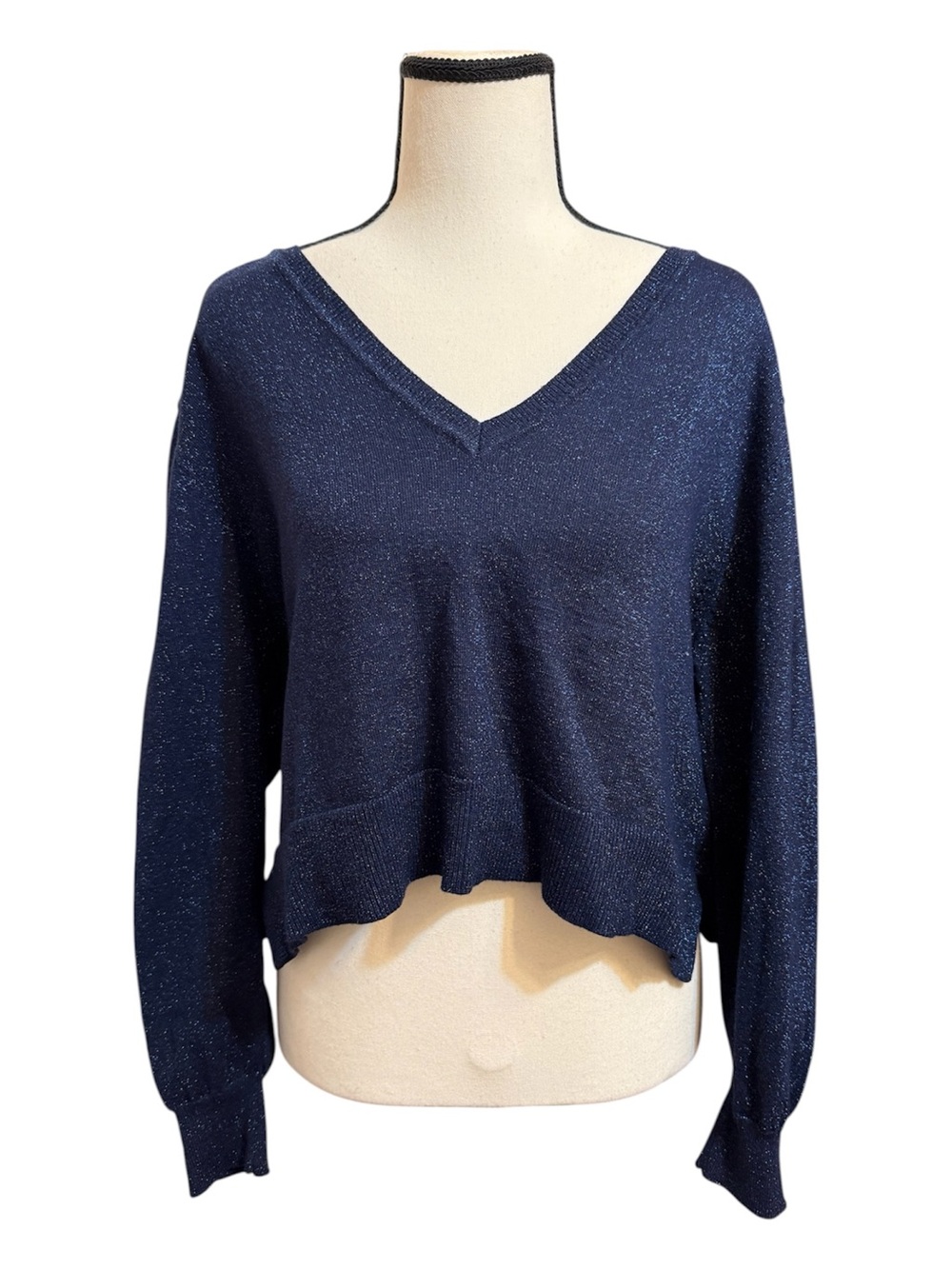 Sam Edelman | Navy Sparkle V-Neck Crop Sweater